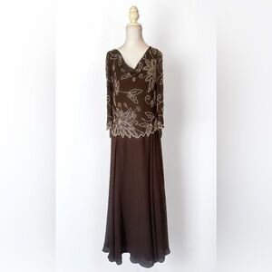 J Kara Brown Boho Romantic Beaded Formal Dress - Size 10